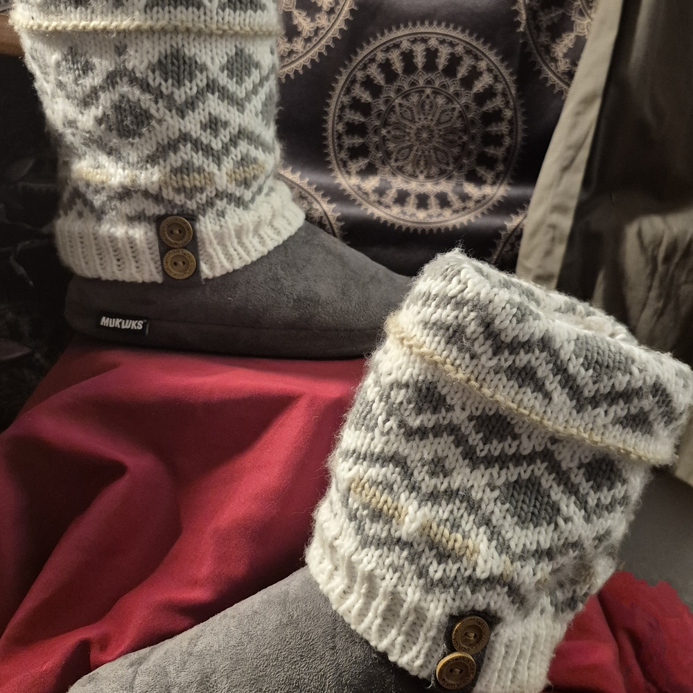 Gray and White Knit Button Boots